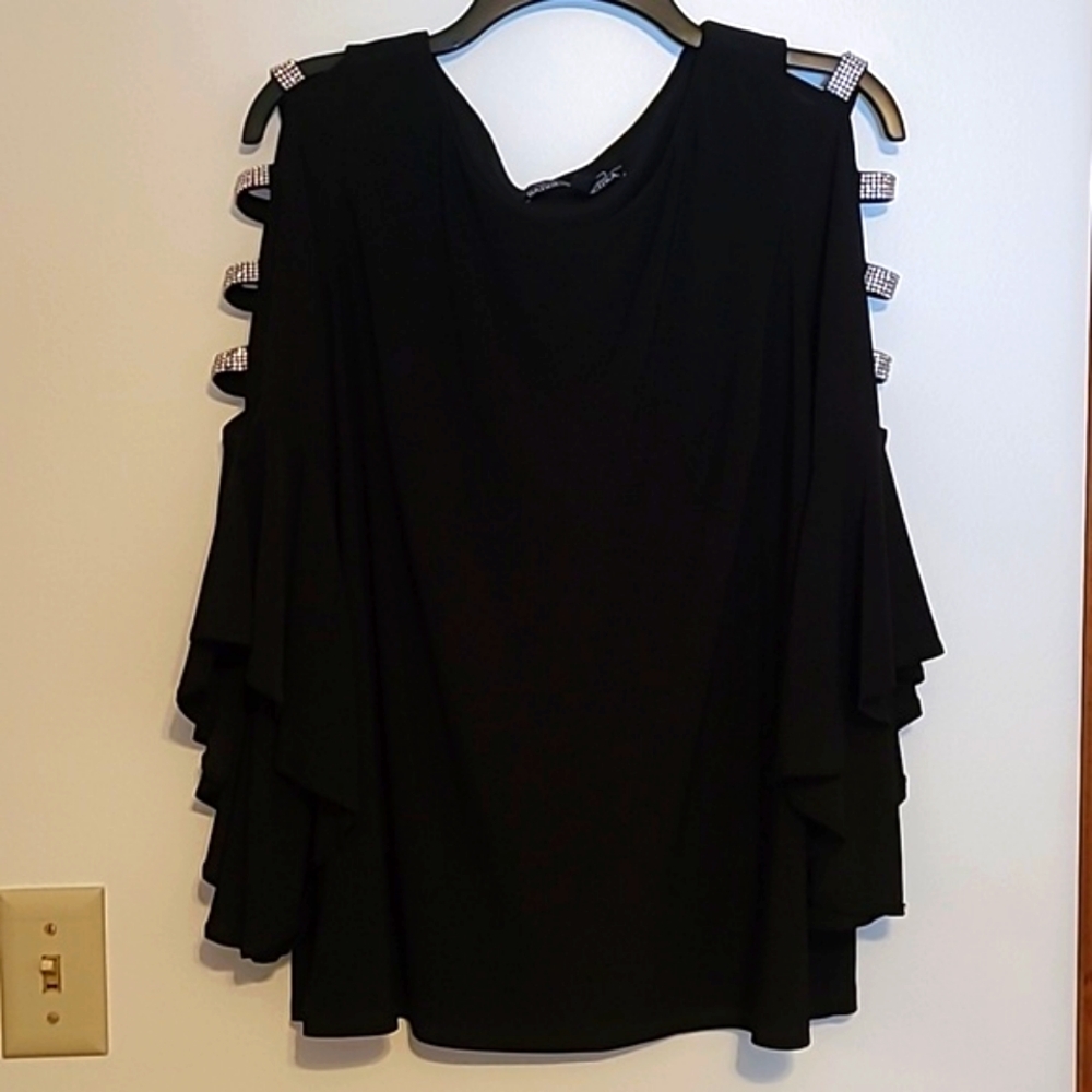 Studio Badgley Mischka black blouse cold shoulder sleeves & rhinestones Sz 1X
